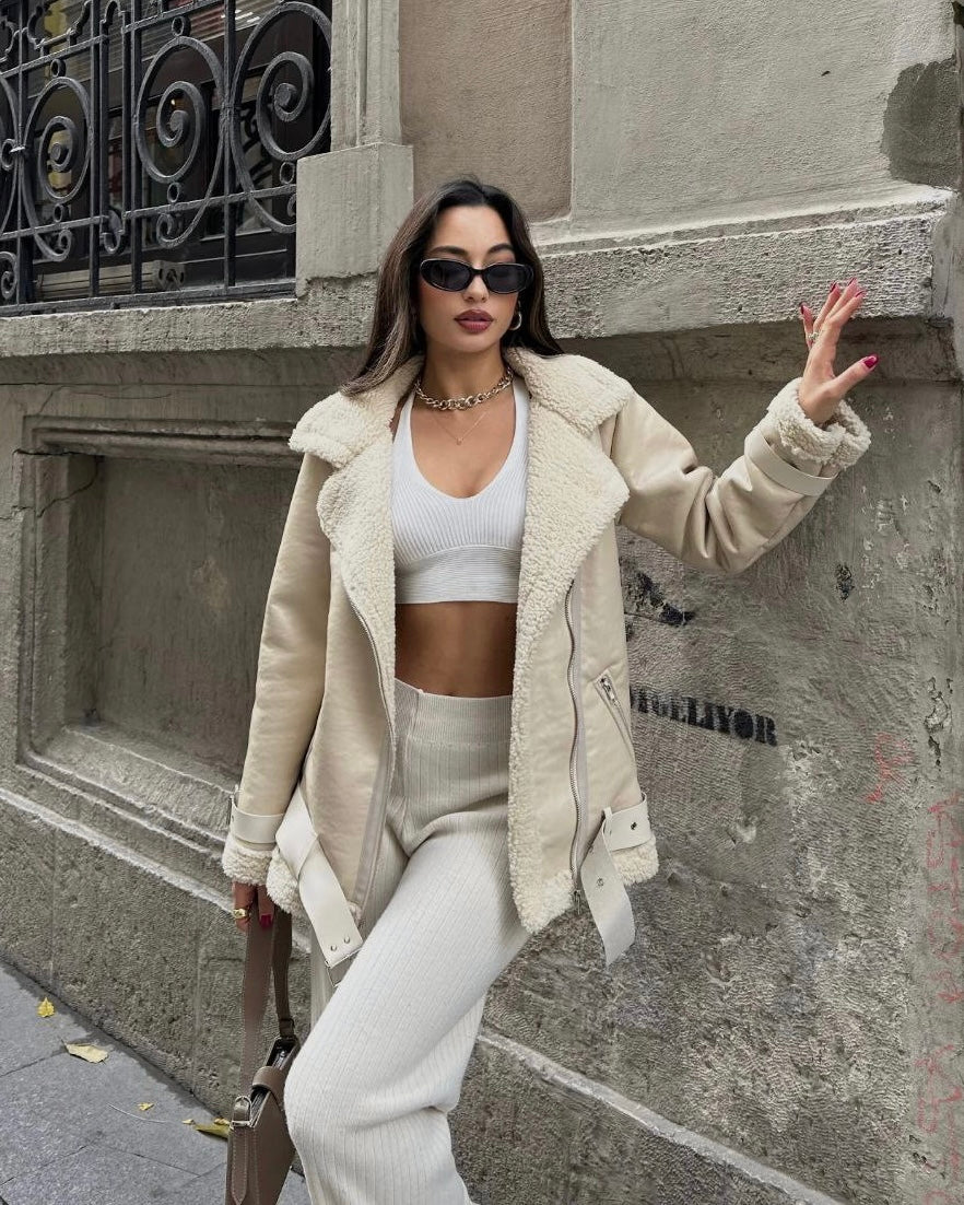 Beige Leather Shearling Jacket