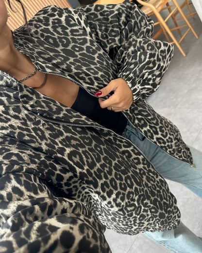 Leopard Print Puffer Jacket with Zipper