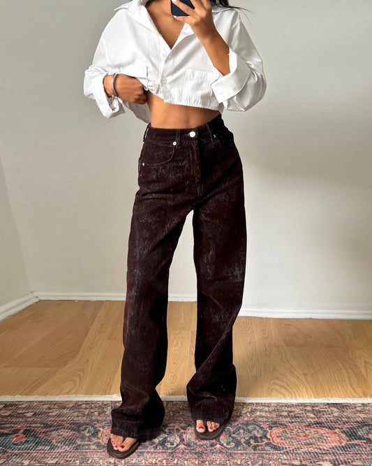 High-Waisted Dark Brown Velvet Straight Leg Pants | بنطلون مخمل بني بخصر عالي وقصة مستقيمة