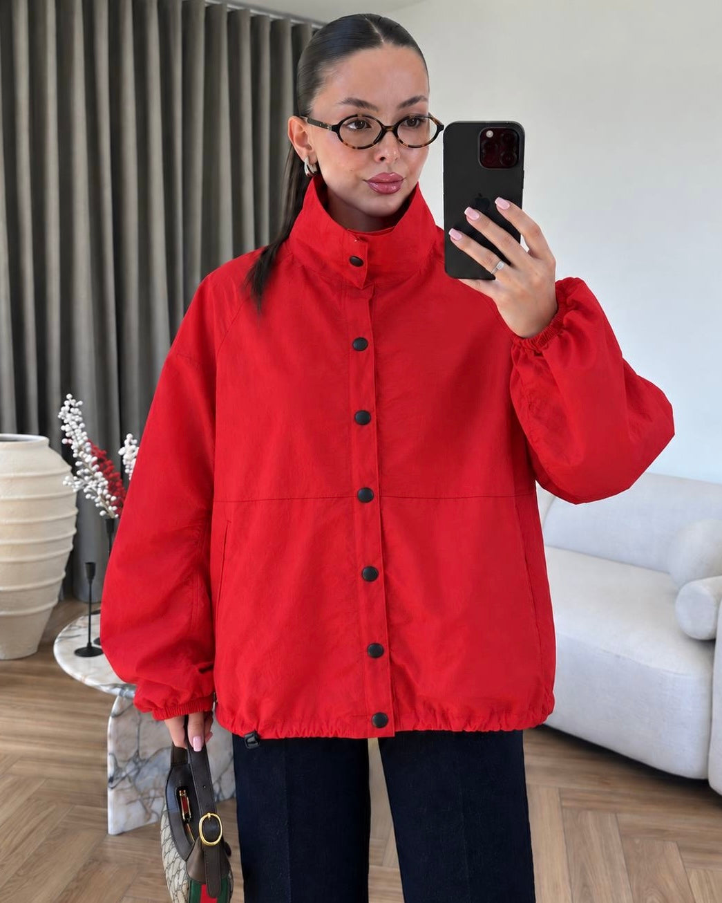 Red Oversized Windbreaker Jacket with High Neck, Elastic Cuffs | جاكيت أحمر واسع بياقة عالية وأكمام مطاطية
