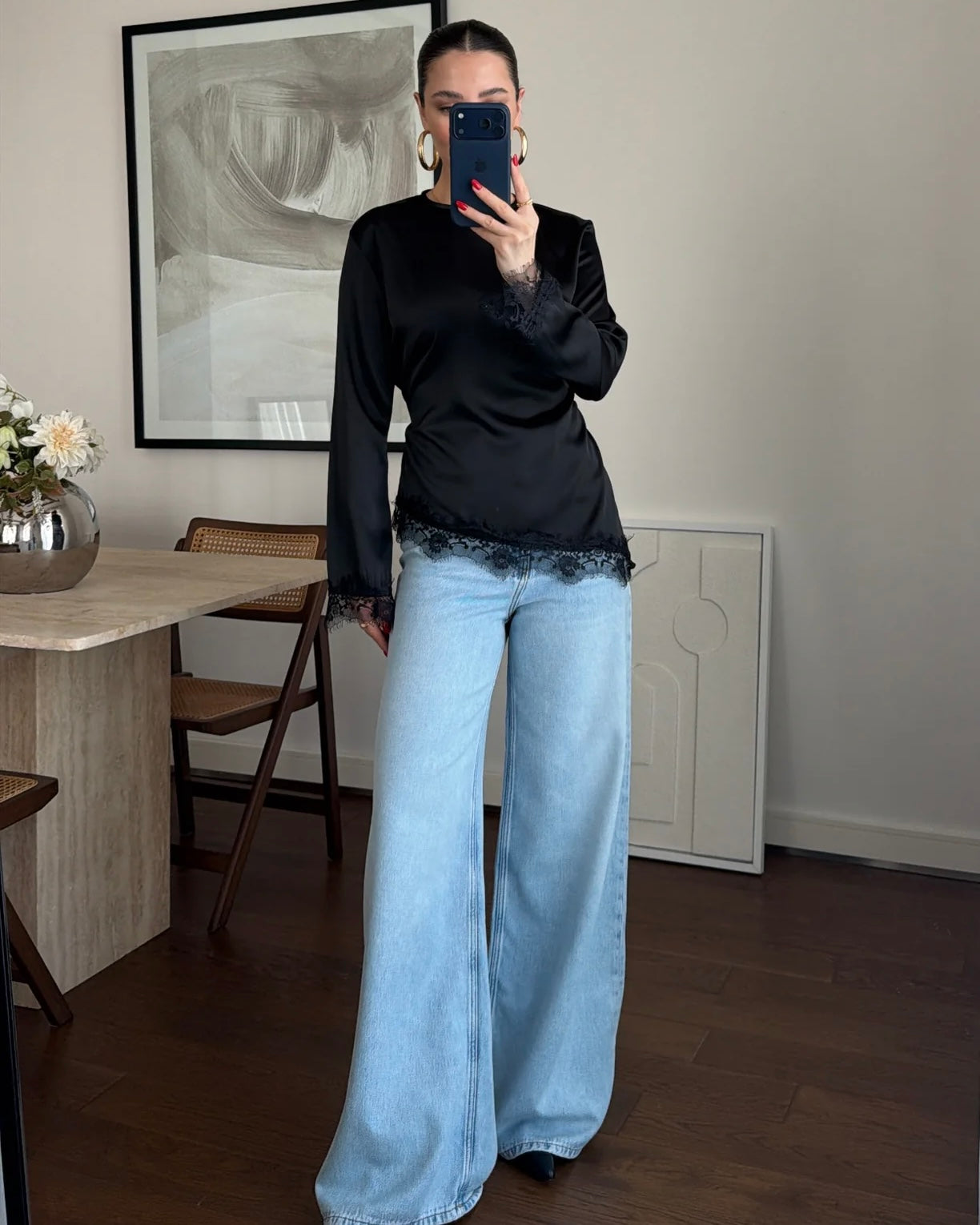 Elegant Black Satin Blouse with Lace Trim | بلوزة ساتان سوداء أنيقة بتفاصيل دانتيل