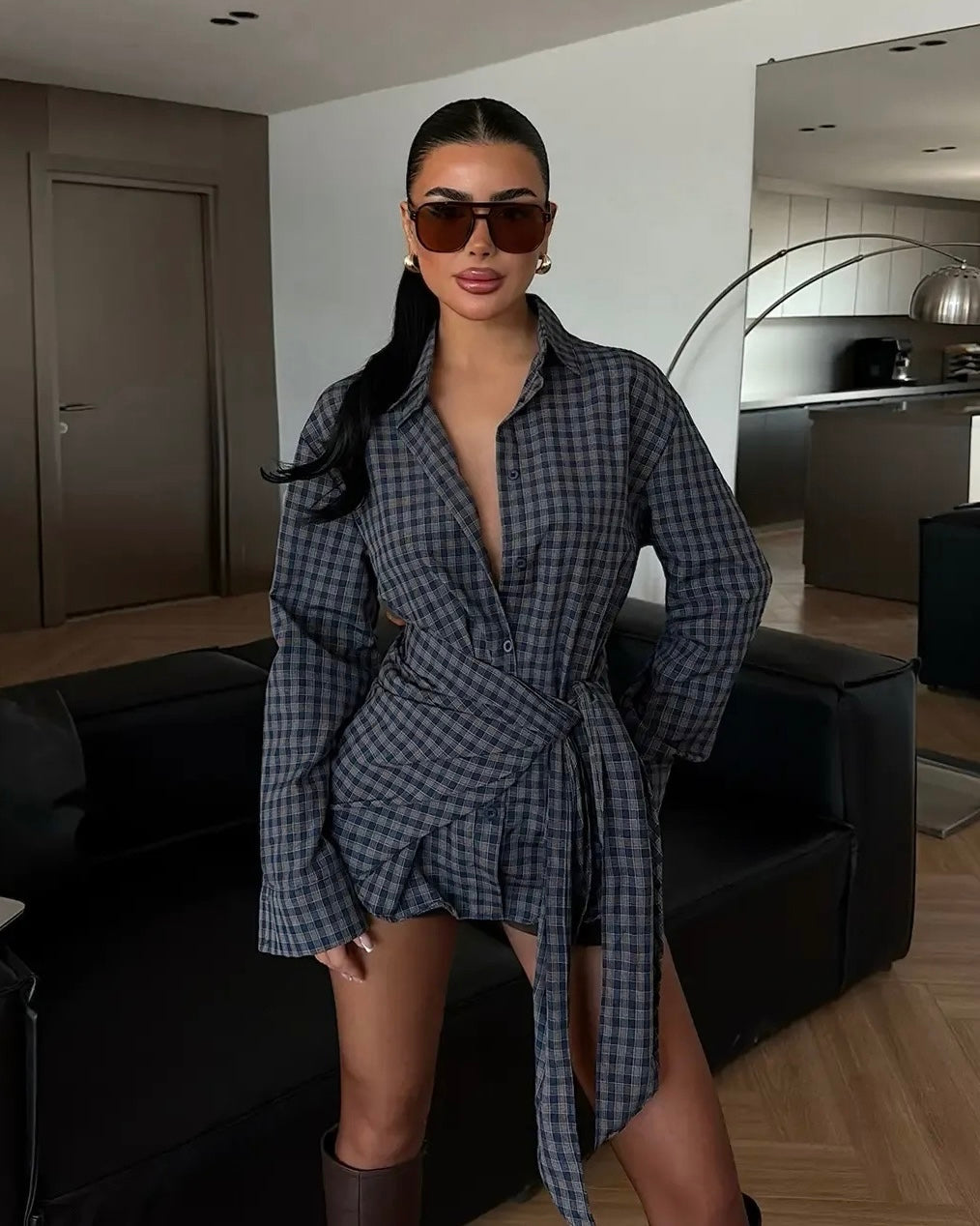 Tailored Plaid Shirt with Adjustable Tie Waist | قميص كاروهات مُفصّل بحزام خصر قابل للتعديل