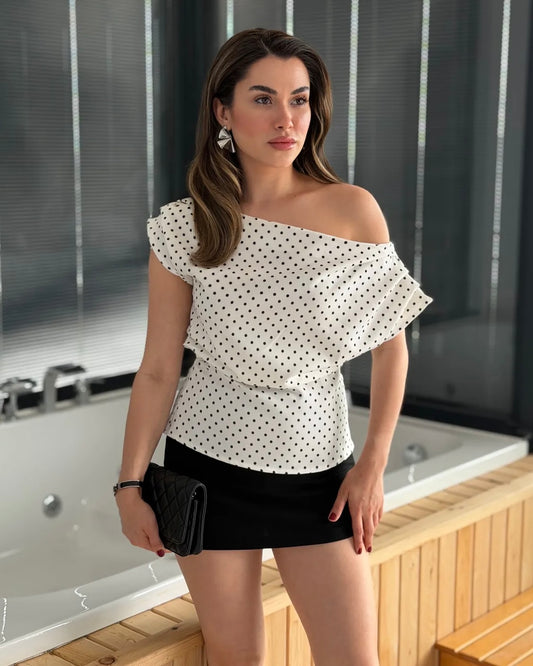 White Polka Dot Off-Shoulder Top | توب منقط بقصة أوف شولدر