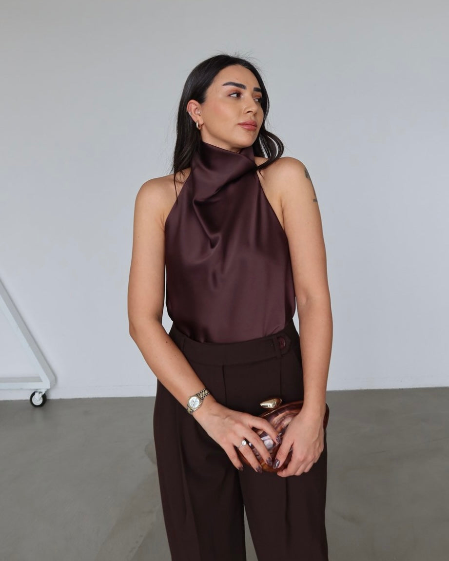Elegant Brown Satin Halter Neck Top | توب ساتان بني أنيق بياقة هالتر