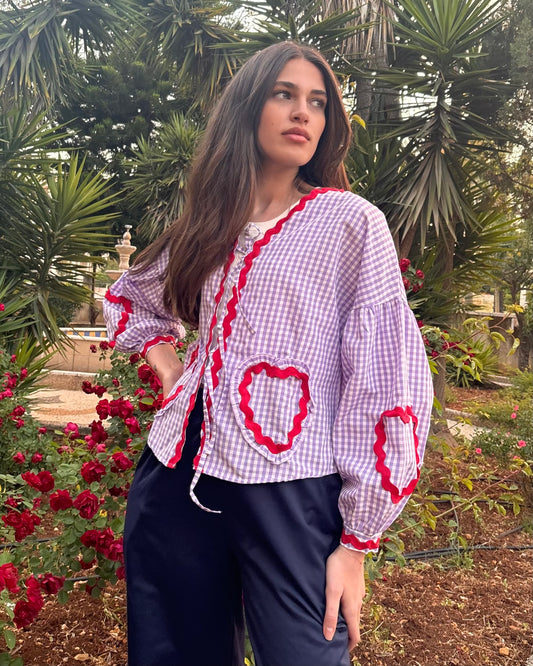 Blouse With a Purple Gingham Pattern & Heart Details | بلوزة بنقشة مربعات باللون الأرجواني وتفاصيل قلب