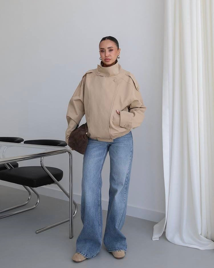 Beige Oversized Jacket with High Collar | جاكيت بيج واسع بياقة عالية
