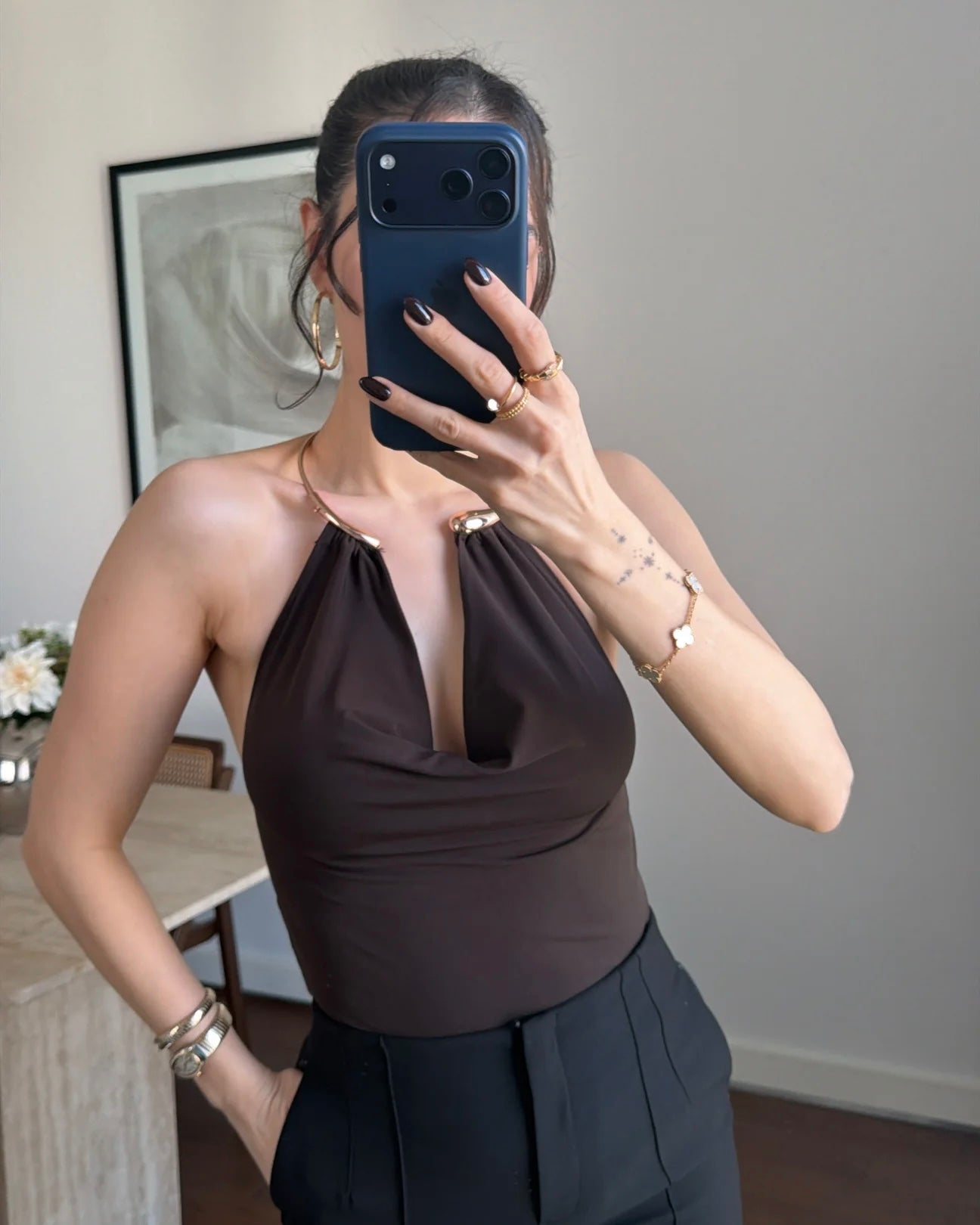 Elegant Brown Halter Neck Top with Gold Hardware Detail | توب بني أنيق بياقة هالتر وتفصيلة معدنية ذهبية