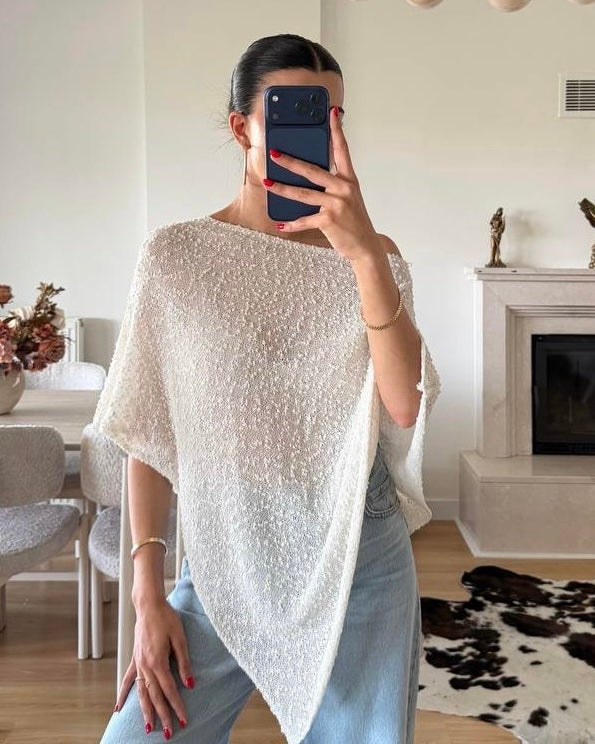 Cream Knit Shawl Top with Asymmetric Hem | بلوزة كريمية بأطراف غير متساوية