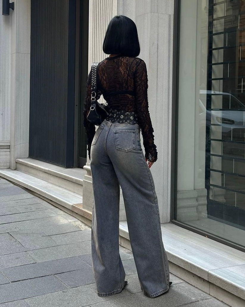 Stone Grey Wash Wide-Leg High-Rise Jeans | جينز واسع بخصر مرتفع