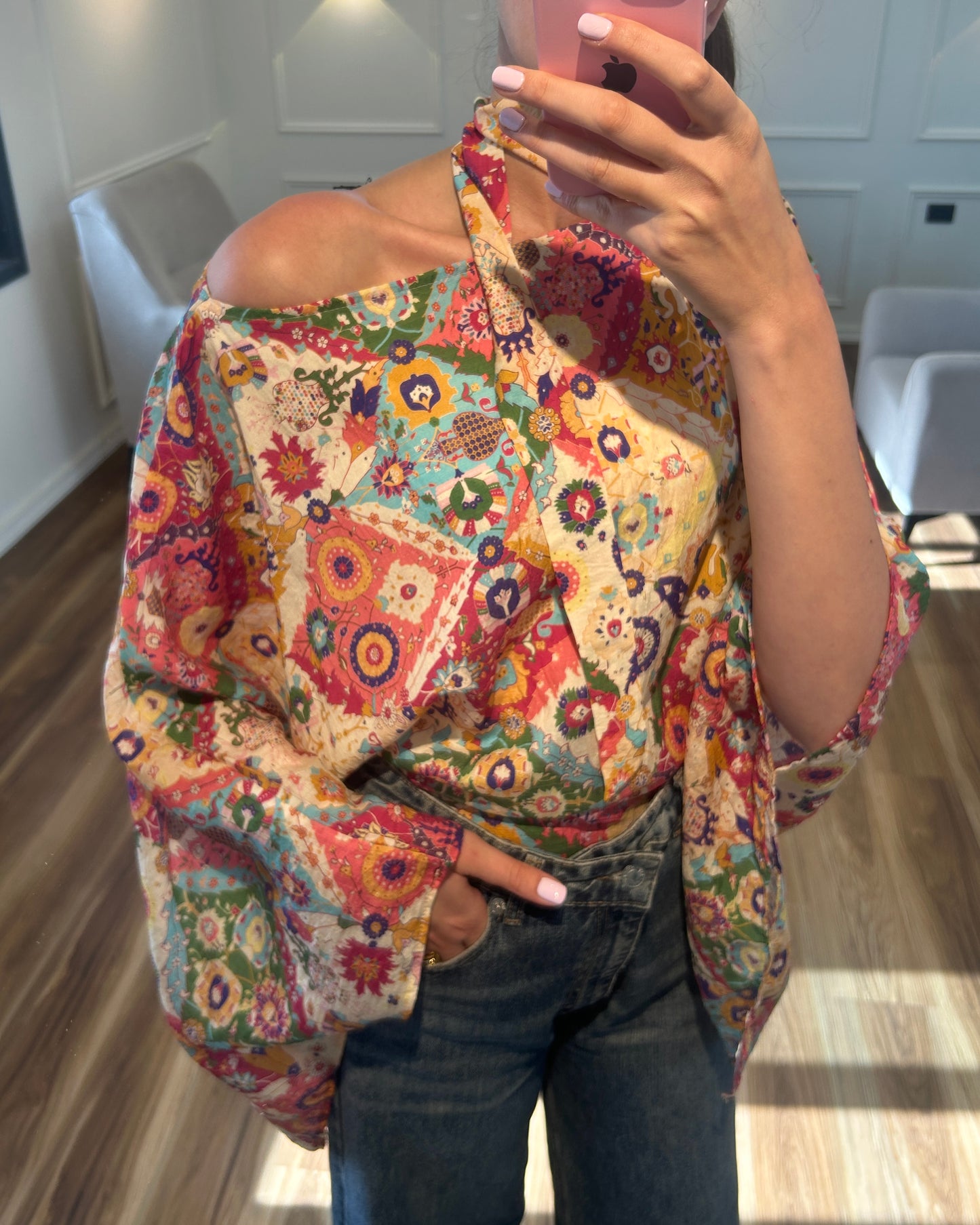 Colorful Floral One-Shoulder Blouse with Neck Scarf | بلوزة ملونة بنقشة زهور مع شال
