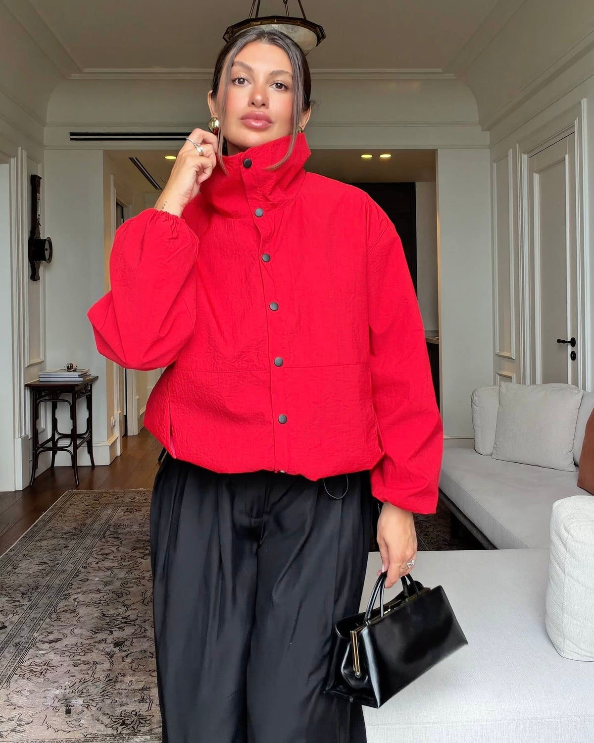 Red Oversized Windbreaker Jacket with High Neck, Elastic Cuffs | جاكيت أحمر واسع بياقة عالية وأكمام مطاطية