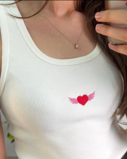 Heart Wings Embroidered White Tank Top