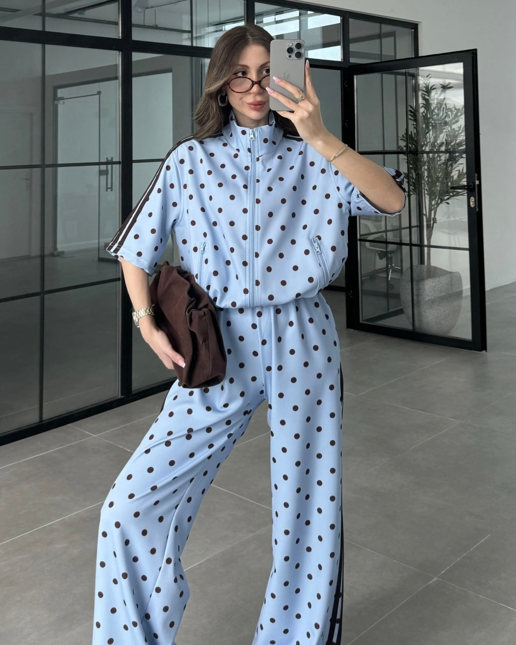 Blue Polka Dot Two-Piece Set with Wide-Leg Pants | طقم بولكا دوت مع بنطلون واسع
