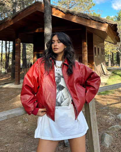 ‏Timeless Red Leather Bomber Jacket