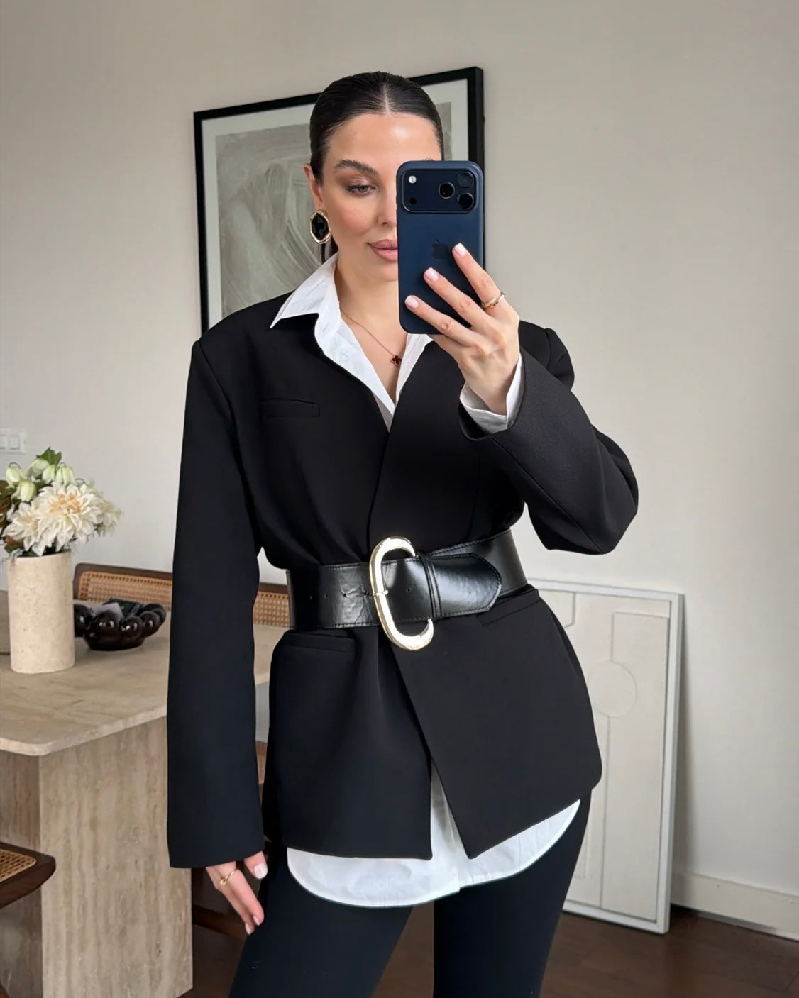 Elegant Black Belted Blazer | بليزر اسود أنيق بحزام خصر عريض