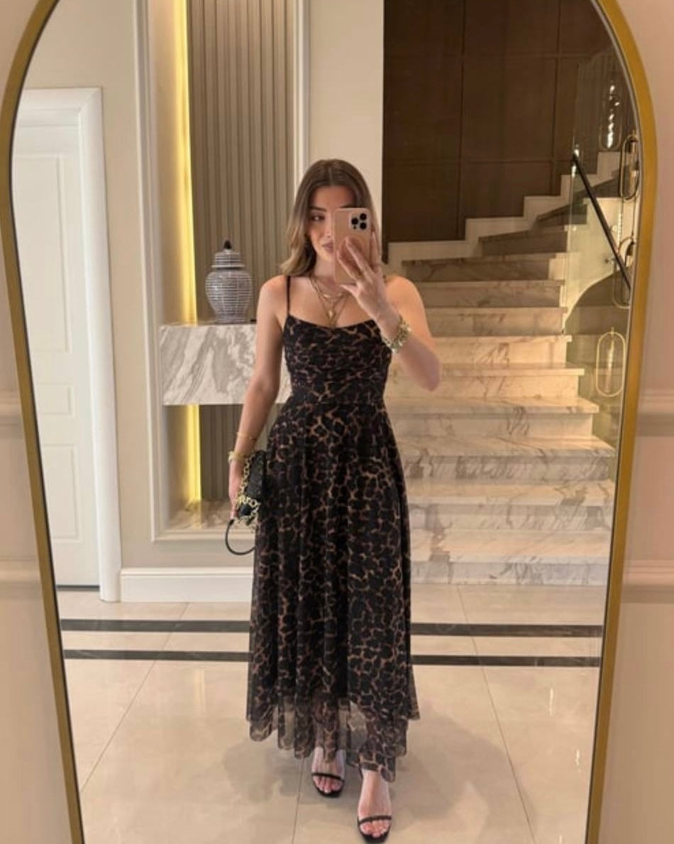 Elegant Leopard Print Mesh Maxi Dress | فستان ماكسي نسائي أنيق بنقشة ليوبارد