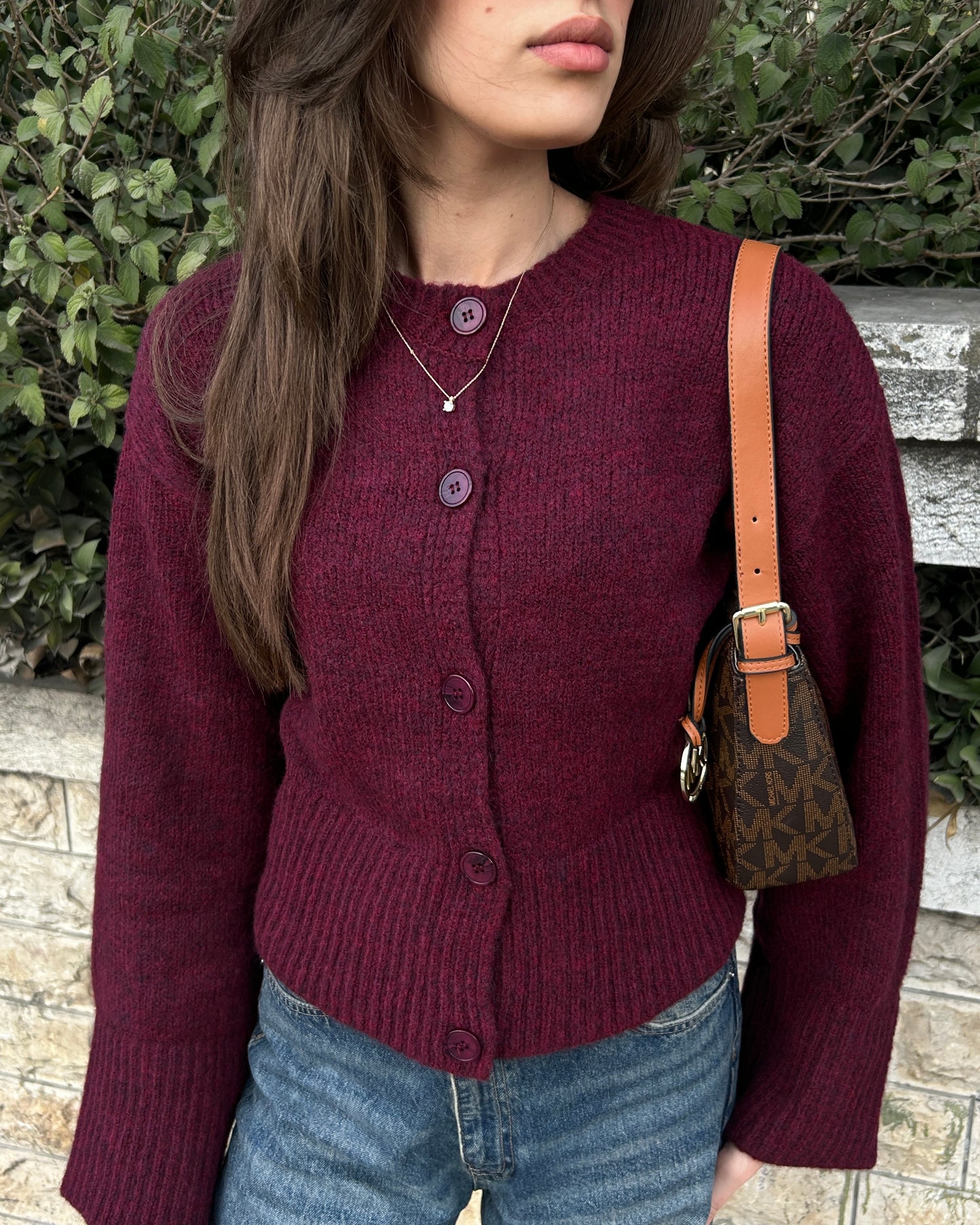 Burgundy Knit Buttoned Cardigan | كارديغان محبوك باللون الخمري