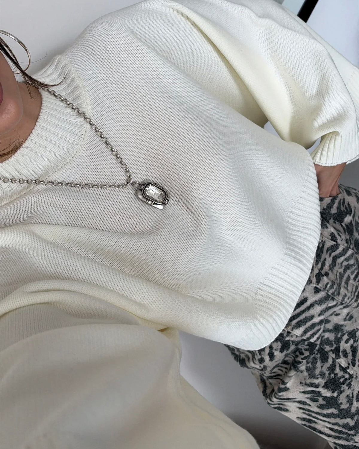 White Oversized Knit Mock Neck Sweater with Wide Sleeves | بلوزة بيضة بقصّة أوفرسايز وأكمام واسعة