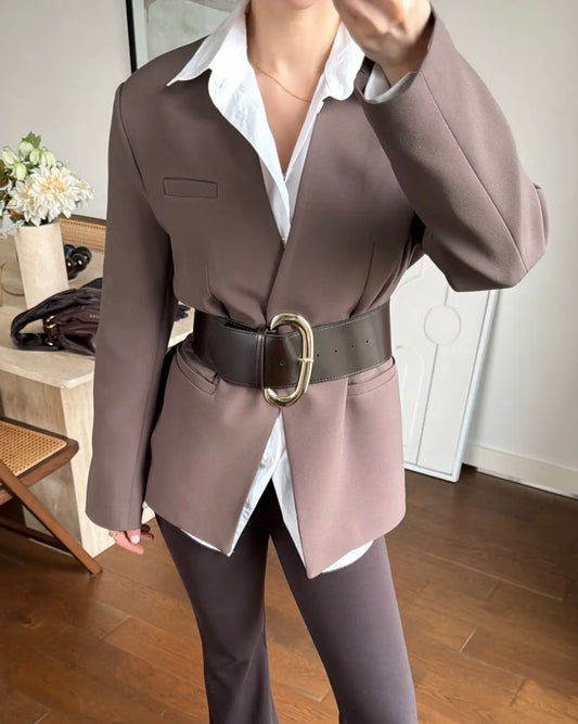 Elegant Mocha Belted Blazer | بليزر موكا أنيق بحزام خصر عريض