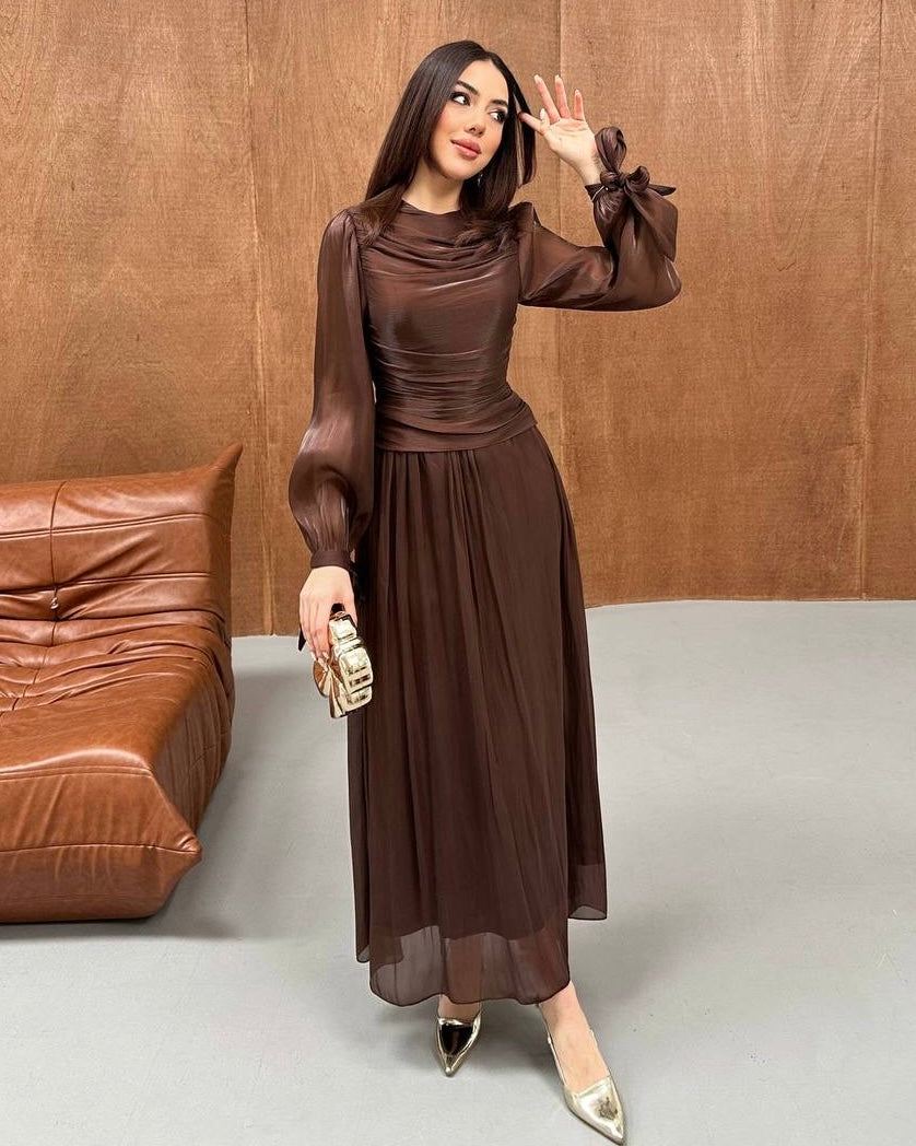 Elegant Black Ruched Chiffon Maxi Dress with Sheer Sleeves | فستان اسود أنيق بكسرات على الخصر