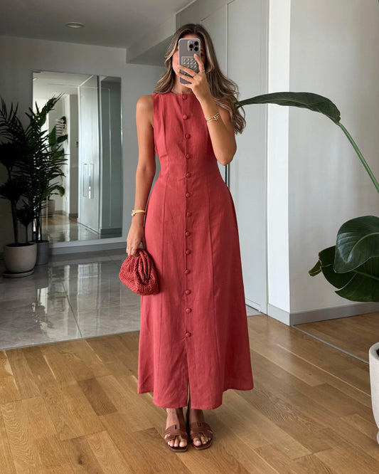 Terracotta Button-Down Linen Dress with Back Tie | فستان كتان كرميدي بأزرار أمامية وربطة من الخلف