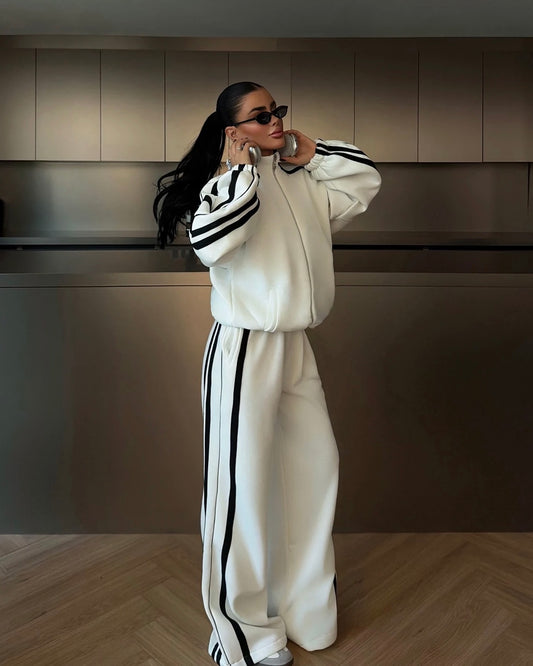 White Two-Piece Set with Black Stripes