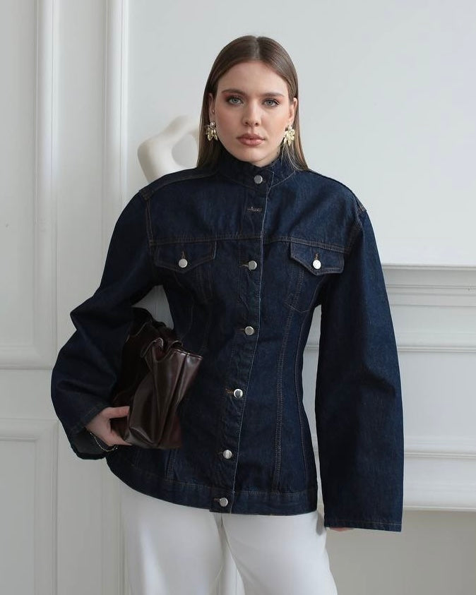 Dark Indigo Structured Denim Jacket | جاكيت جينز داكن بياقة عالية وأكمام واسعة