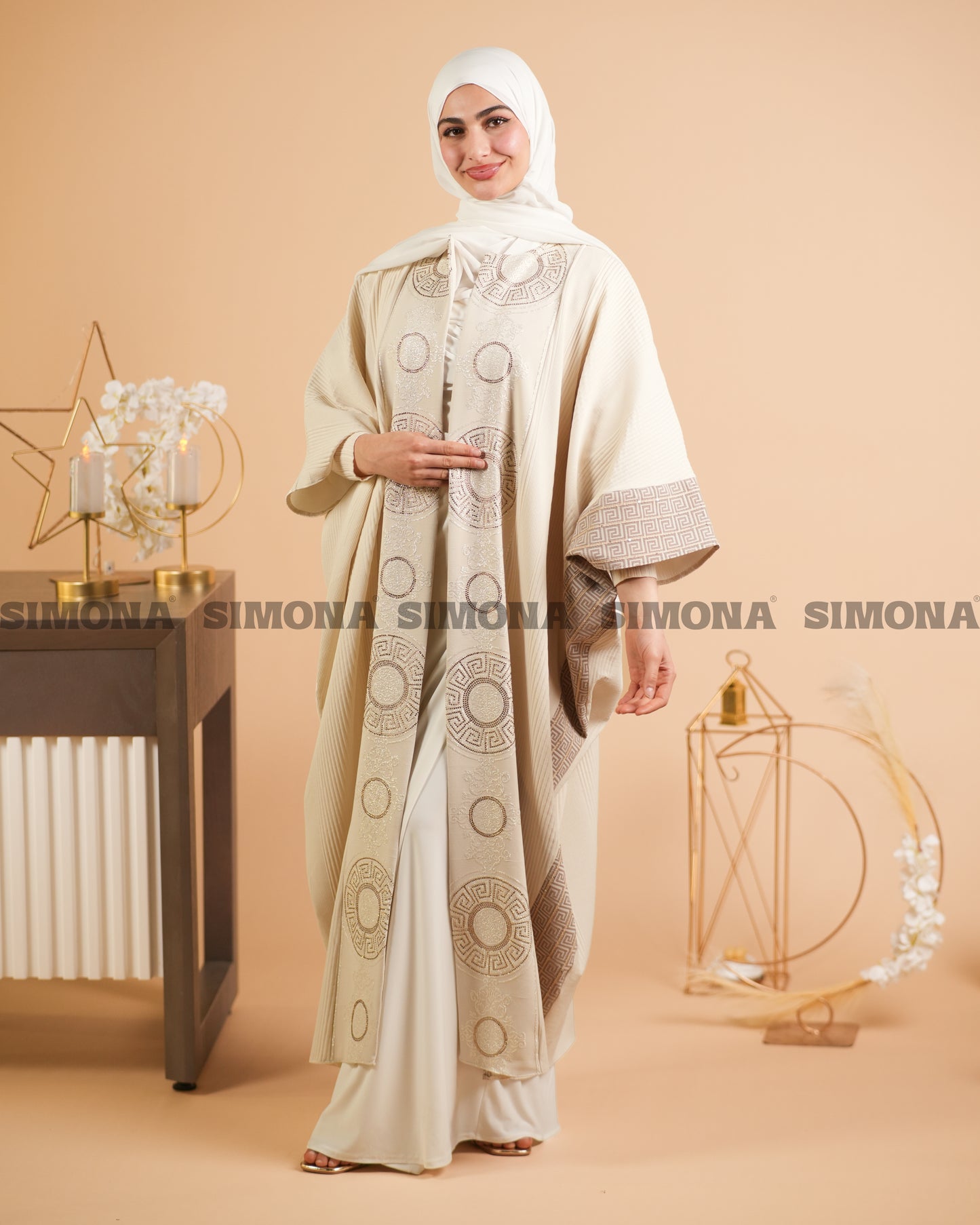 Light Beige Kaftan with Shiny Embroidery