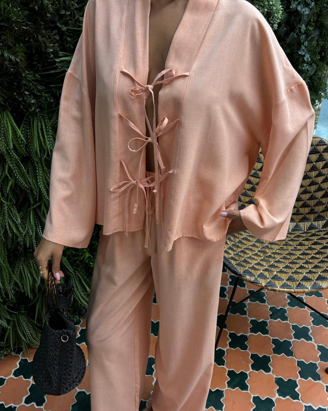 ‏Peach Tie Front Casual Set |  طقم كاجوال مشمشي برباط امامي