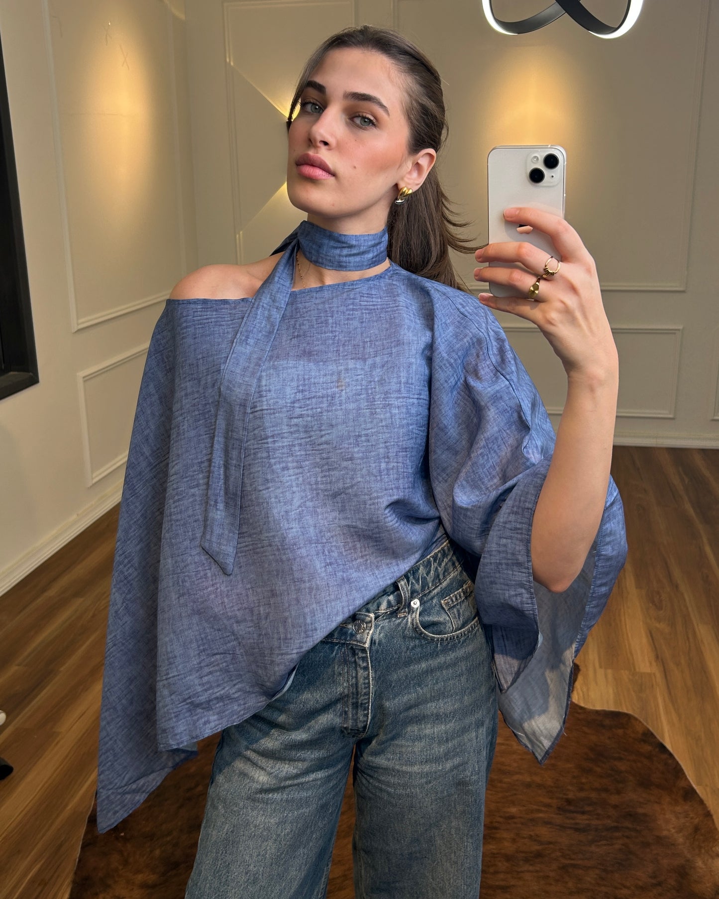Blue Flowy Cape Top | بلوزة كاب انسيابية باللون الأزرق