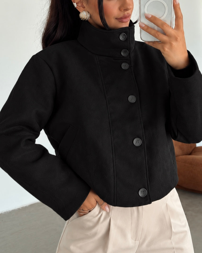 Black Suede Cropped Jacket with Stand Collar & Button Front | جاكيت شمواه قصير بياقة واقفة وأزرار أمامية