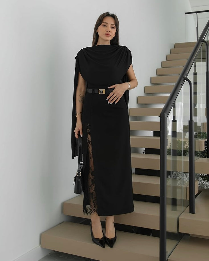 Elegant Black Midi Skirt with Lace Panel Detail | تنورة ميدي سوداء أنيقة بتفاصيل دانتيل