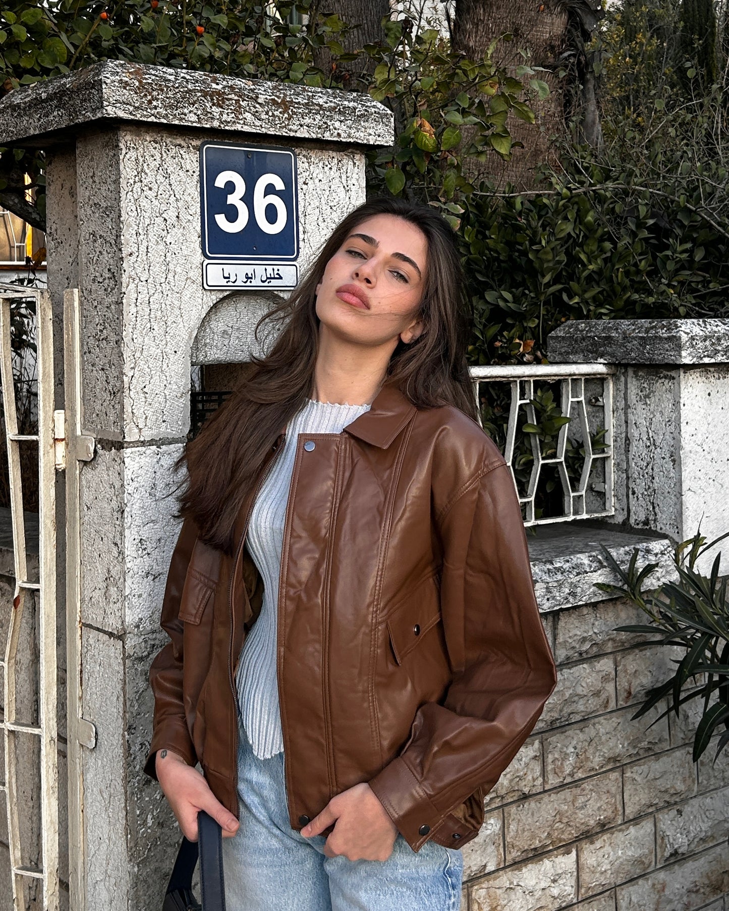 Dark Brown Oversized Structured Leather Jacket | جاكيت جلد واسع بلون البني الداكن