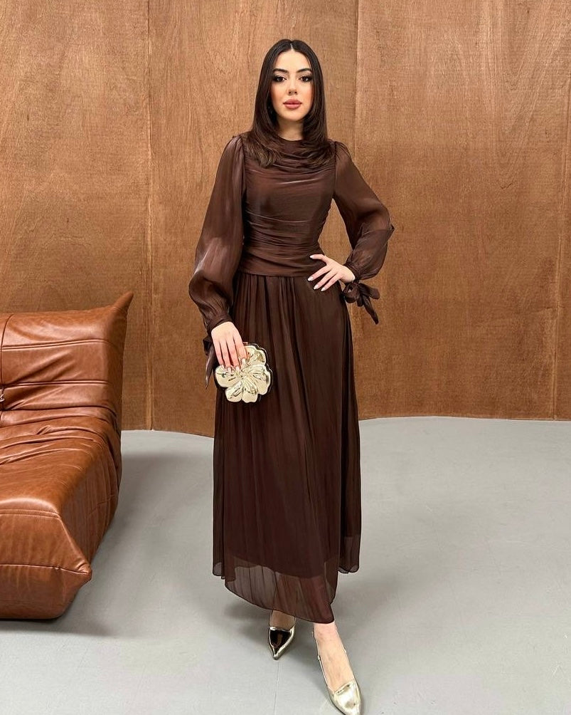 Elegant Chocolate Brown Ruched Chiffon Maxi Dress with Sheer Sleeves | فستان بني أنيق بكسرات على الخصر