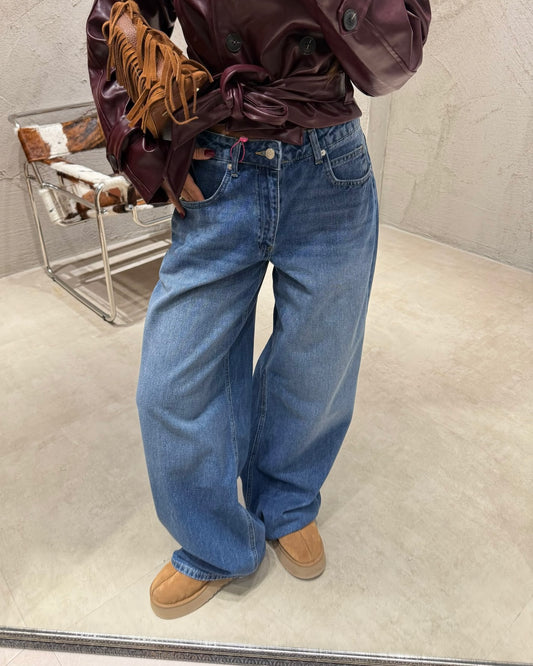 High-Waisted Medium Wash Relaxed Wide-Leg Denim Jeans | جينز بخصر عالي وقصة واسعة