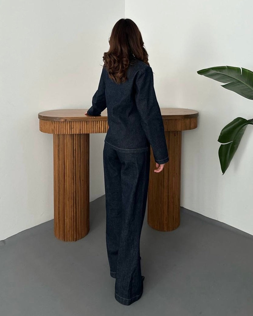 Premium Dark Denim Two-Piece Set | طقم جينز فخم بأزرار ذهبية