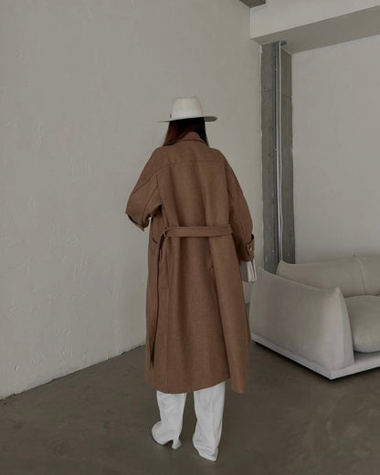 ‏Camel Oversized Wool-Blend Trench Coat