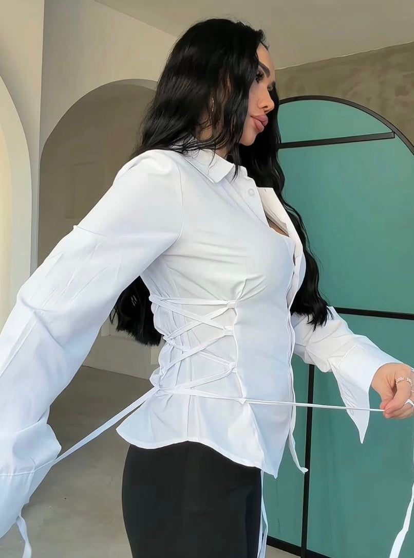 Elegant White Ruched Button-Up Shirt with Side Tie Details | قميص أبيض أنيق بكسرات جانبية وربطات جانبية