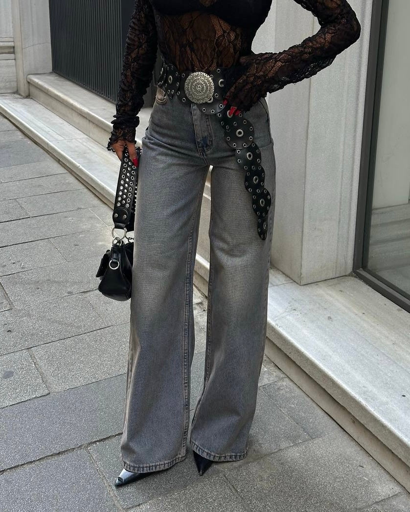 Stone Grey Wash Wide-Leg High-Rise Jeans | جينز واسع بخصر مرتفع