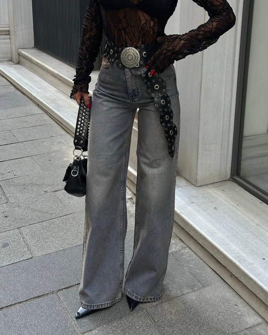 Stone Grey Wash Wide-Leg High-Rise Jeans | جينز واسع بخصر مرتفع