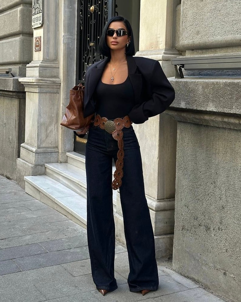 Indigo High Rise Wide Leg Jeans | بنطلون جينز واسع بلون دينم غامق