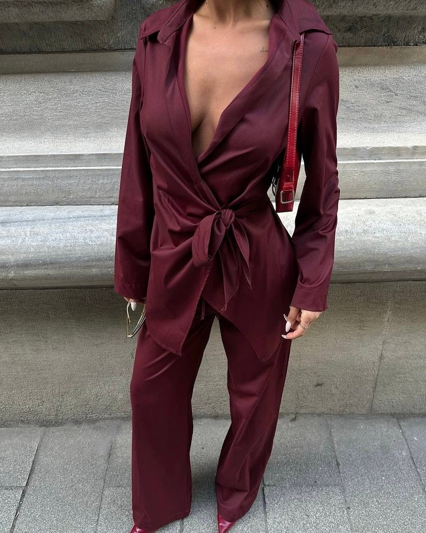 Burgundy Wrap Blouse and Wide-Leg Pants Set | طقم بلوزة لفّ باللون الخمري مع بنطال واسع