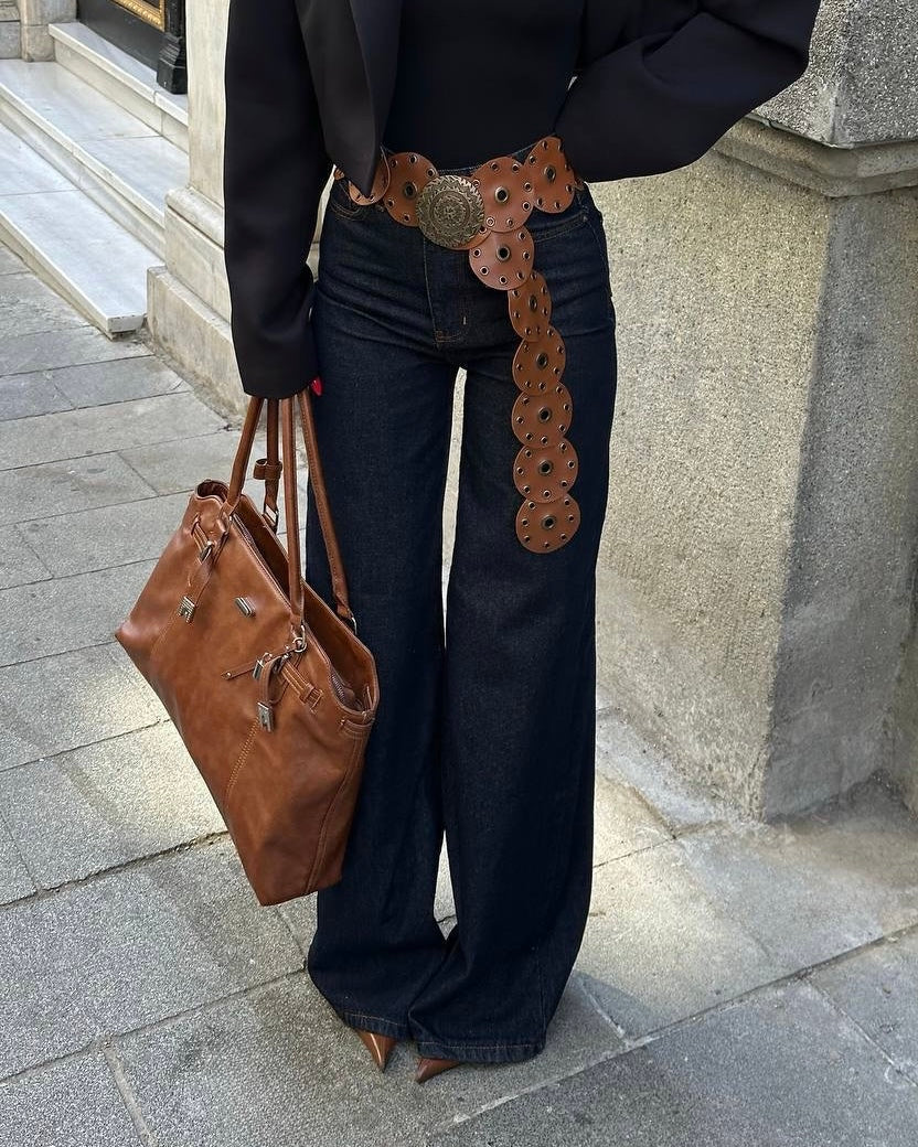 Indigo High Rise Wide Leg Jeans | بنطلون جينز واسع بلون دينم غامق