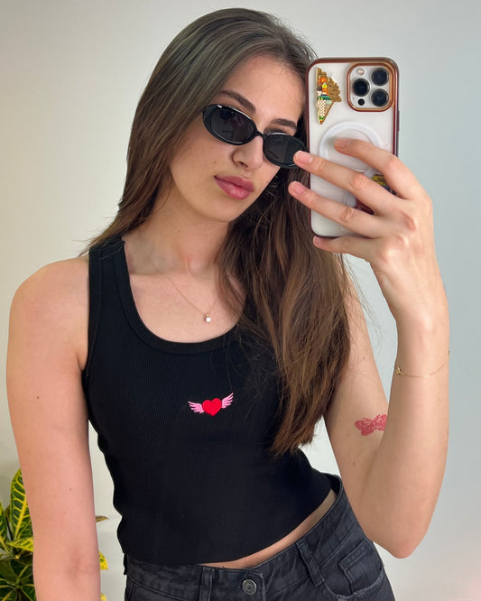 Heart Wings Embroidered Black Tank Top