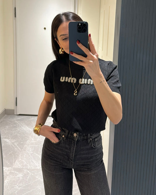 MIU MIU Black Pearl Short Sleeve Top