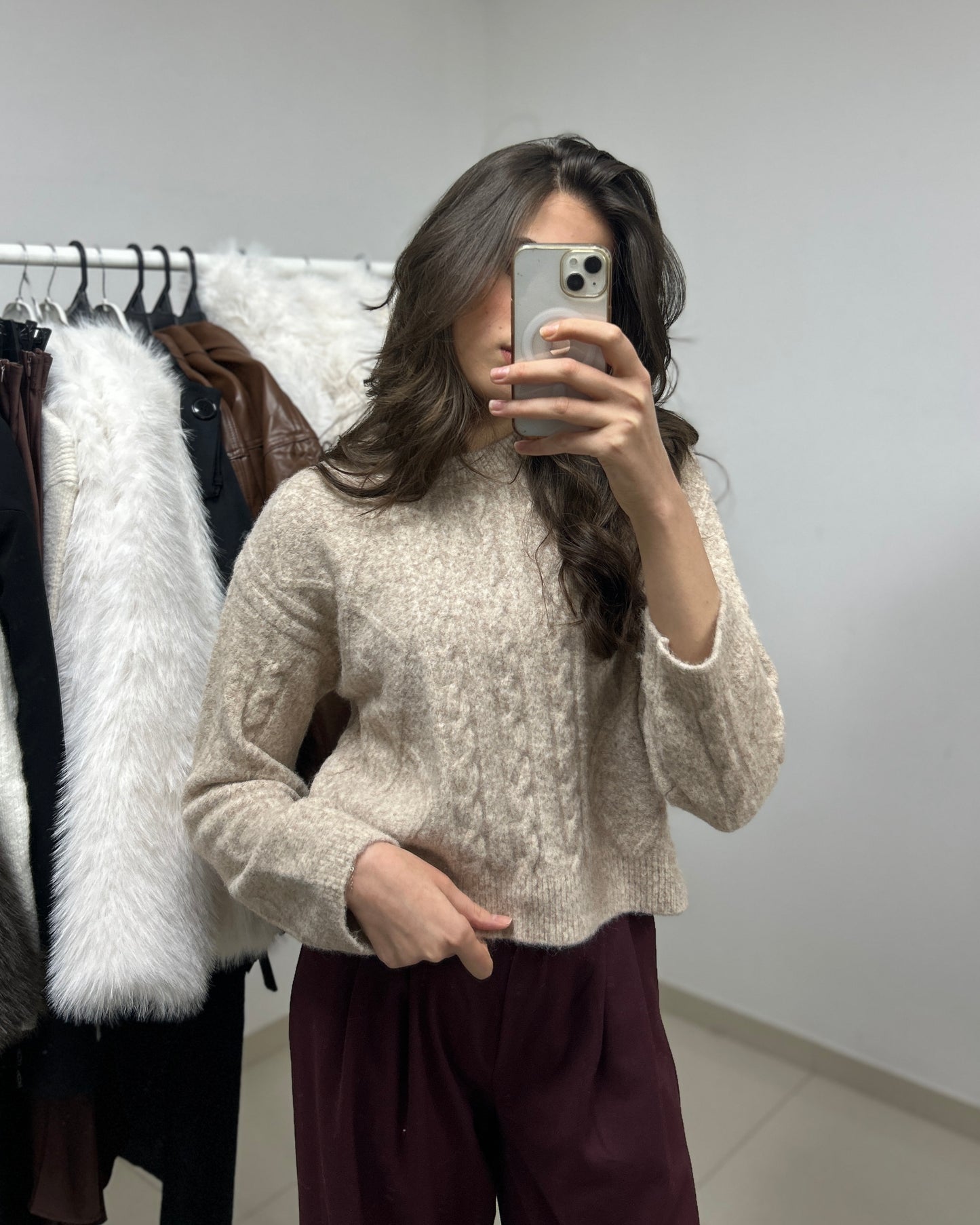 Soft Beige Knit Braided Sweater | سويتر محاك مضفر باللون البيج الناعم
