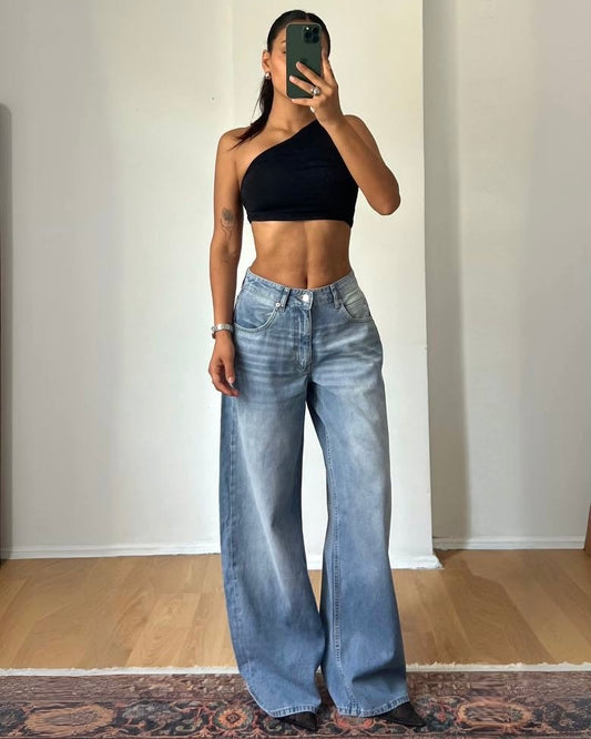 Light Wash Wide-Leg Denim Jeans | جينز أزرق فاتح بقصة واسعة