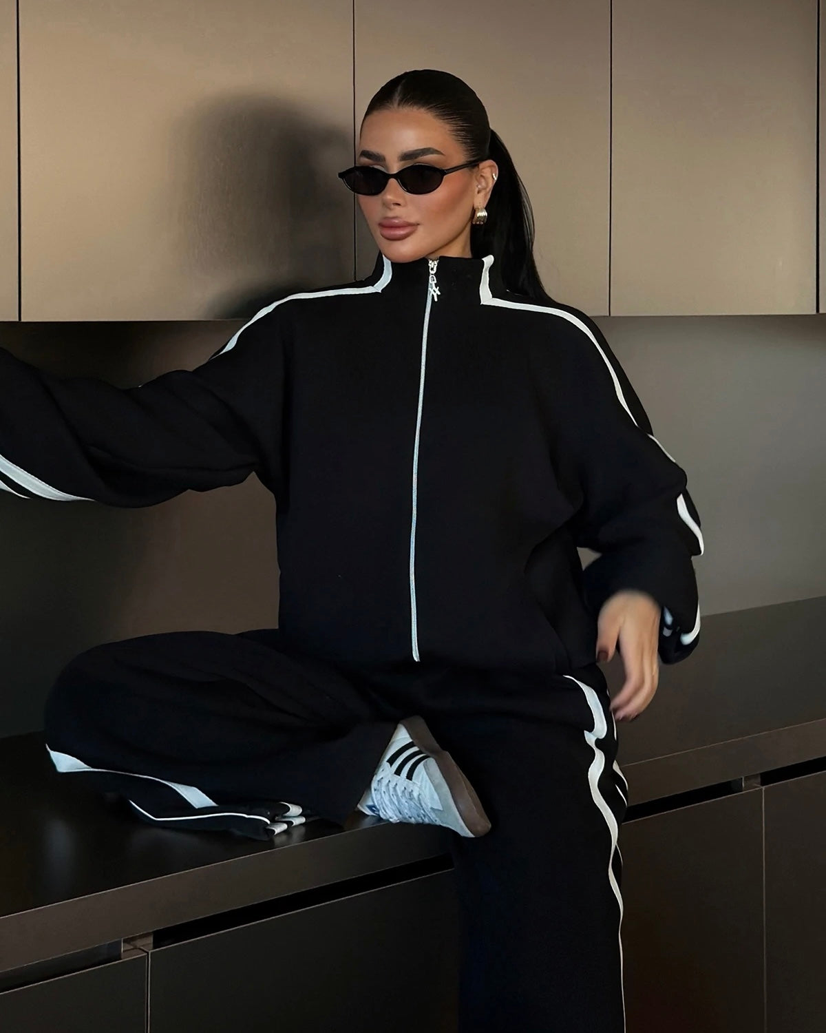 Black Two-Piece Set with white Stripes