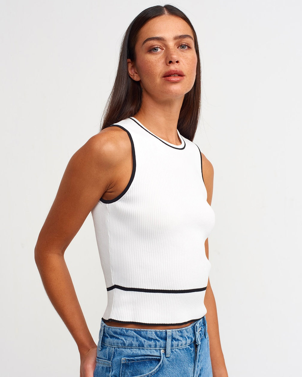 White Contrast Trim Tank Top