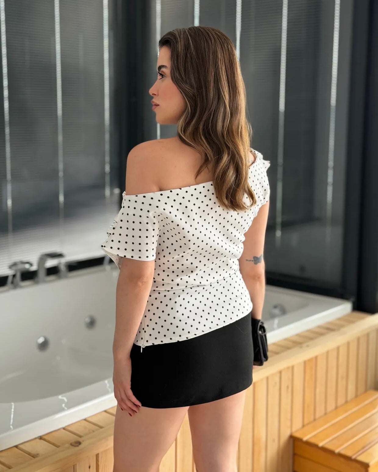 White Polka Dot Off-Shoulder Top | توب منقط بقصة أوف شولدر